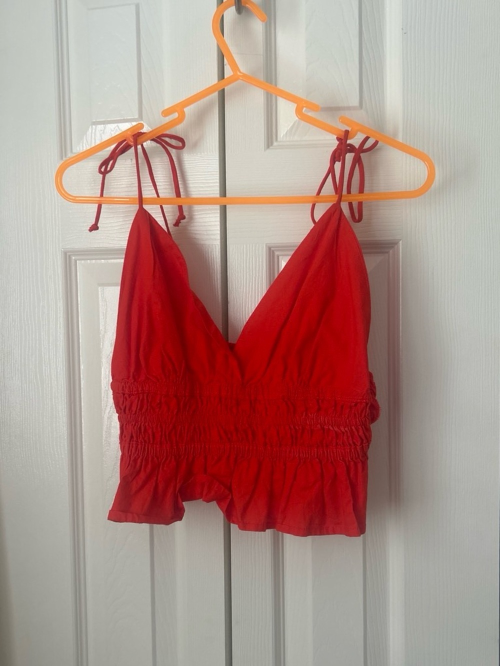 Red Smocked Tie-Shoulder Crop Top